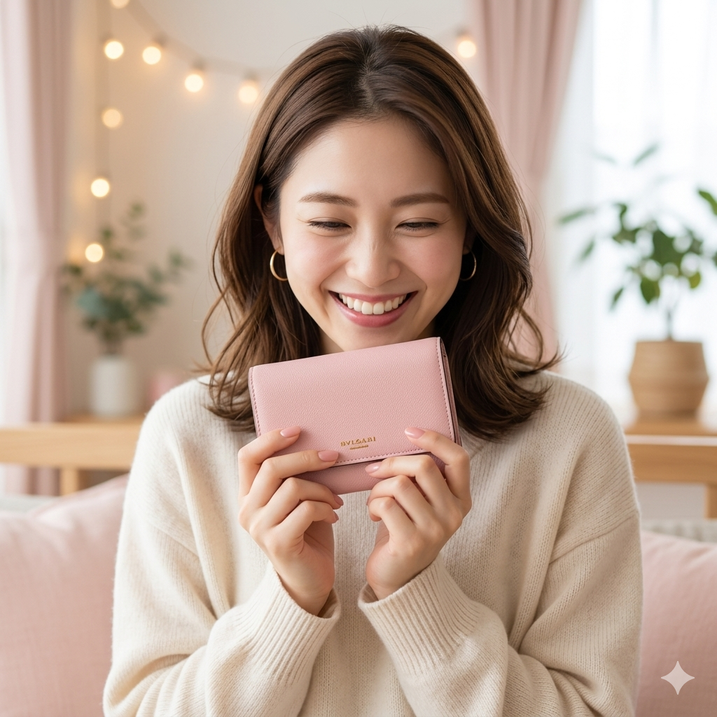 笑顔で財布を持つ女性
